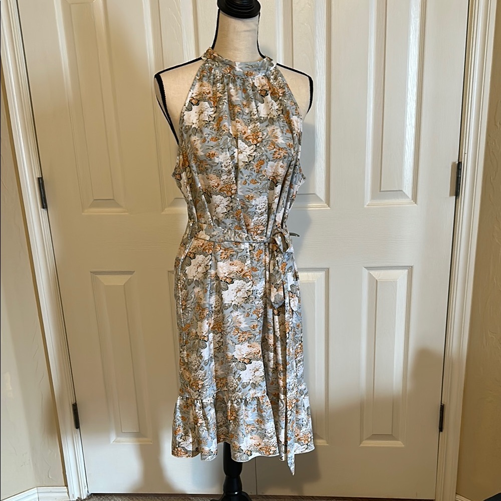 Dreamy Floral Halter Neck Dress in grey, rust and white tie waste silky material